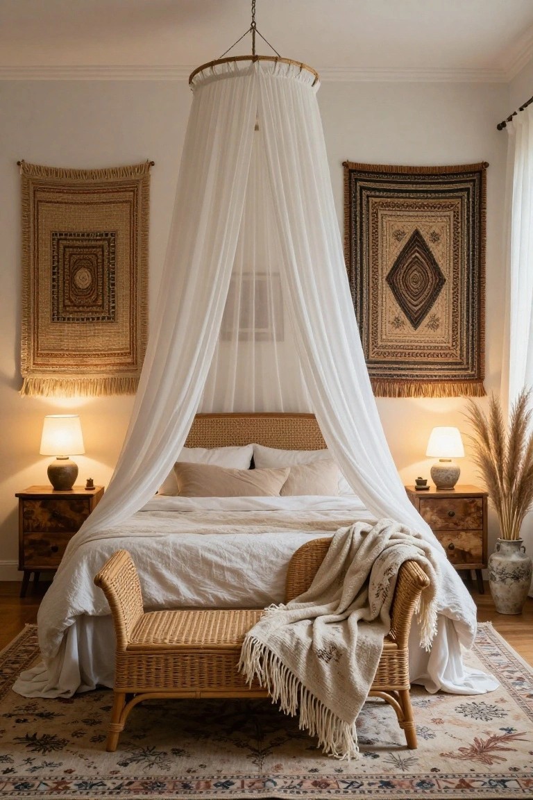 Bedroom interior with a rattan bed under a white sheer canopy suspended from a rattan hoop, flanked by two large woven brown tapestries on white walls, wooden nightstands holding lamps and ceramics, pampas grass in vases, a rattan bench with white throws at the bed's foot, and a patterned rug on hardwood floors.