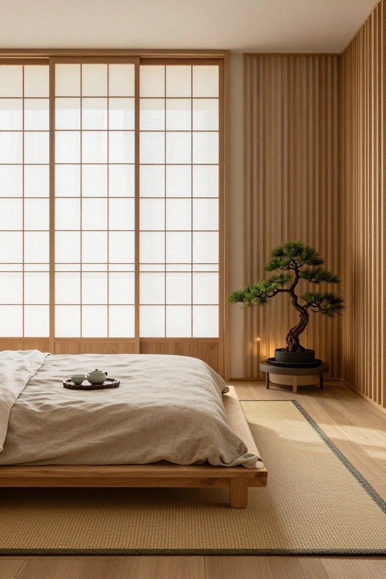 A minimalist bedroom with a low wooden platform bed covered in beige linens and a tea tray, shoji screen sliding doors allowing diffused light, a bonsai tree on a black stand beside wood-slatted walls, tatami-style rug, and light wood flooring.