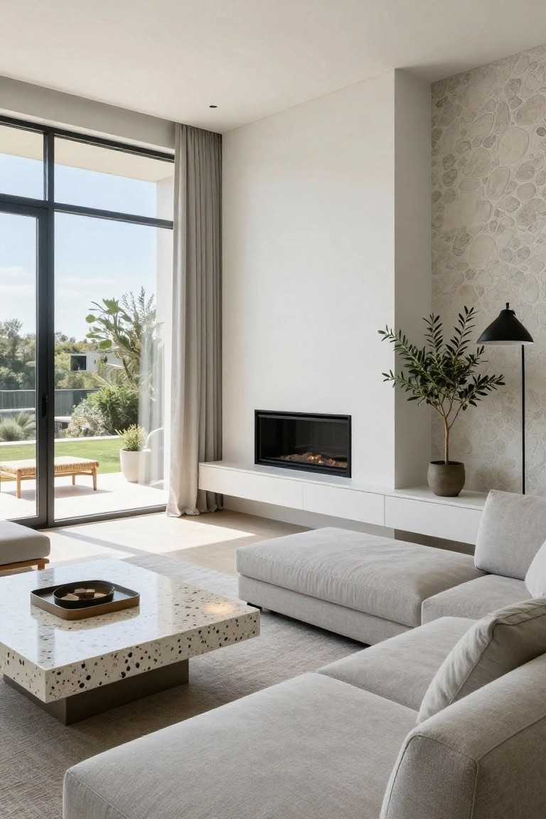 Modern minimalist living room with L-shaped light gray sofa, white terrazzo coffee table holding a brass tray, slim linear gas fireplace built into floating white shelving, olive tree floor lamp, and large floor-to-ceiling glass doors opening to a terrace and garden.