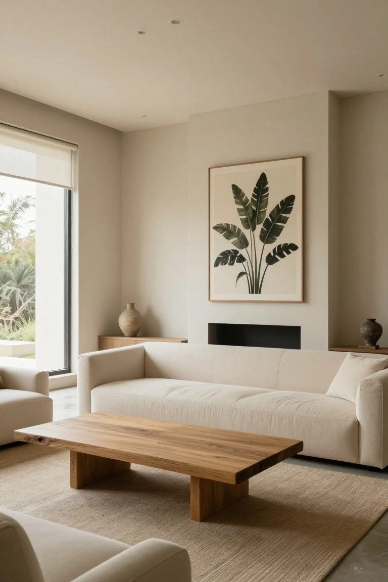 A minimalist living room with beige walls, a long low-profile beige sofa, rectangular oak coffee table, built-in fireplace, large framed banana leaf artwork, terracotta vases, and large windows showing palm trees outside.