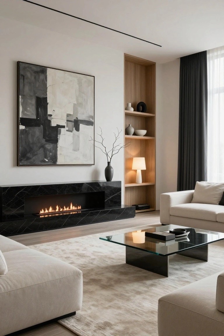 Modern living room with black marble linear gas fireplace, cream L-shaped sofas, glass coffee table on cream rug, large abstract black-and-white painting, and wood shelving niche beside dark curtains and window.