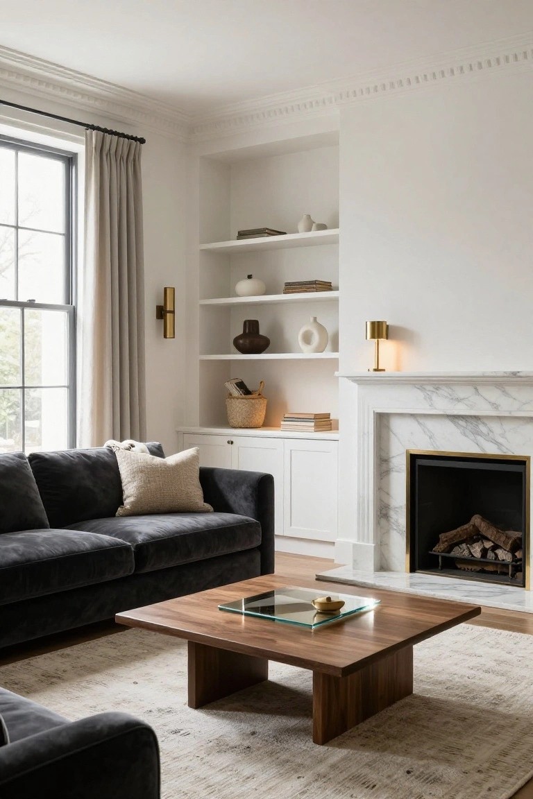 A living room with a white marble fireplace flanked by built-in white shelves displaying ceramics and books, lower cabinets, a dark gray velvet L-shaped sofa, low wooden coffee table with glass top, and beige rug on hardwood floor.