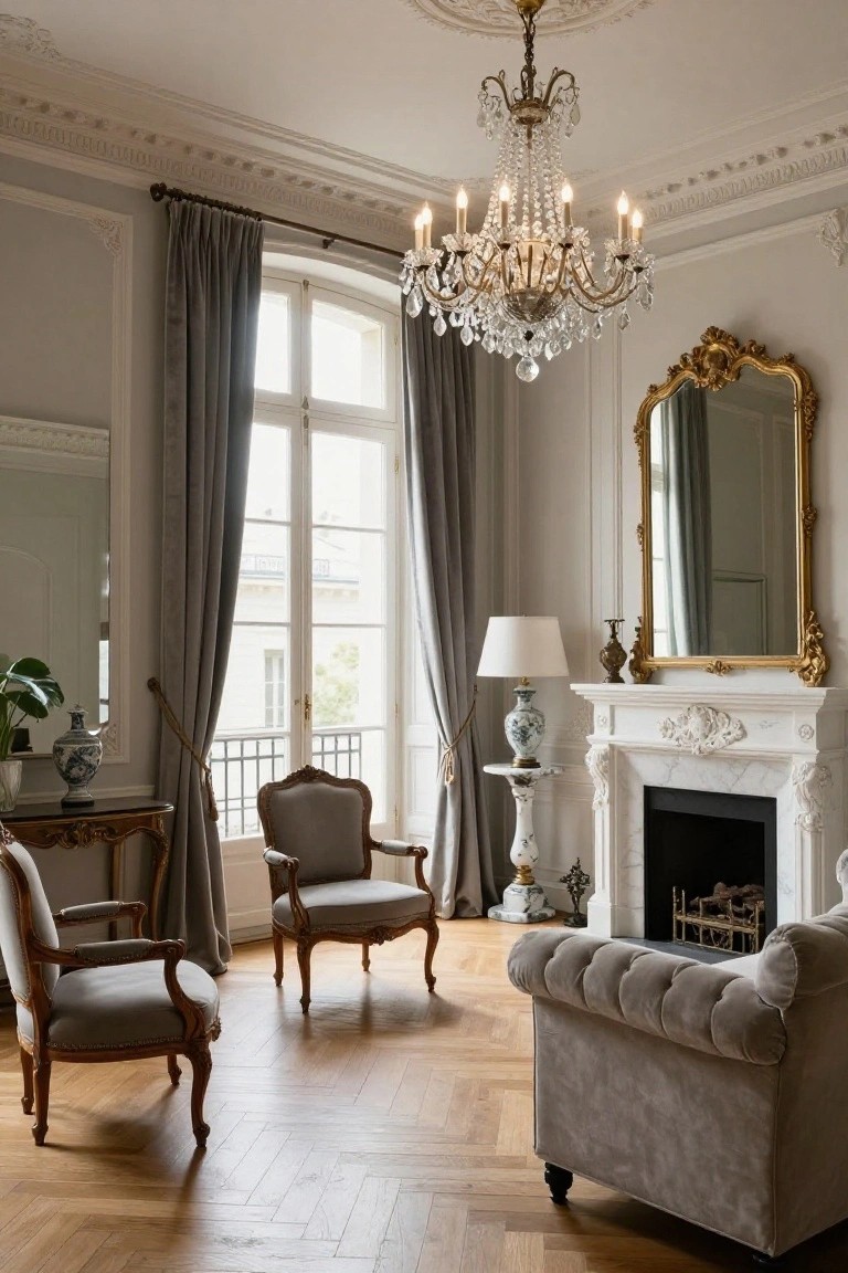 Light gray living room with two gray velvet bergère armchairs, gray velvet tufted sofa facing a white marble fireplace, gold-framed mirror above mantel, crystal chandelier, large windows with gray drapes, and herringbone wood floors.