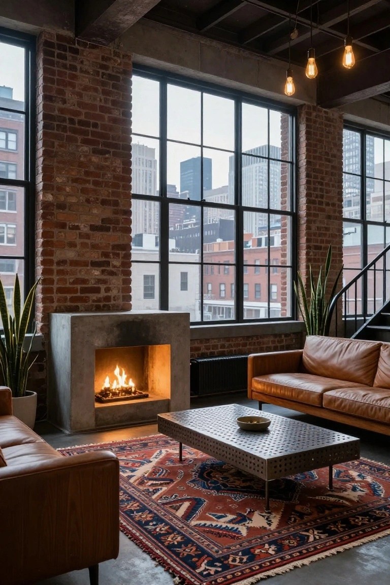 Industrial loft living room with leather sofas, concrete fireplace, and city skyline view.