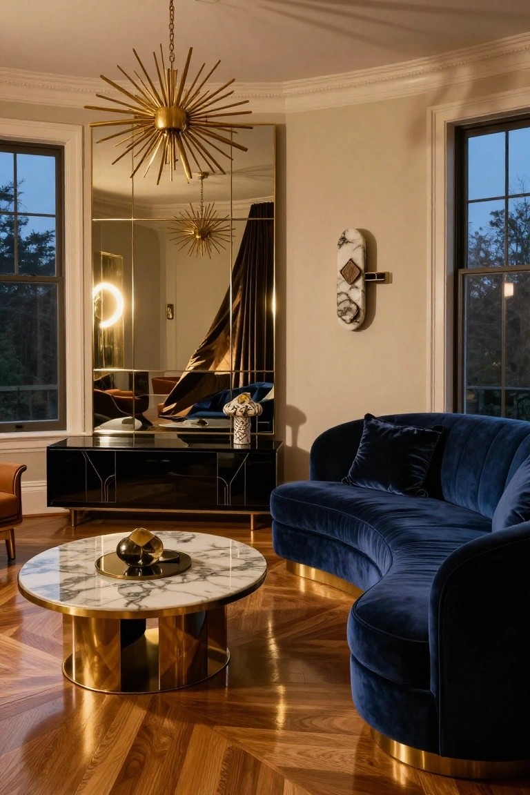 Curved navy blue velvet sofa with brass base in a luxurious living room featuring gold chandelier, marble and brass coffee table, large mirror, and tall windows at dusk.