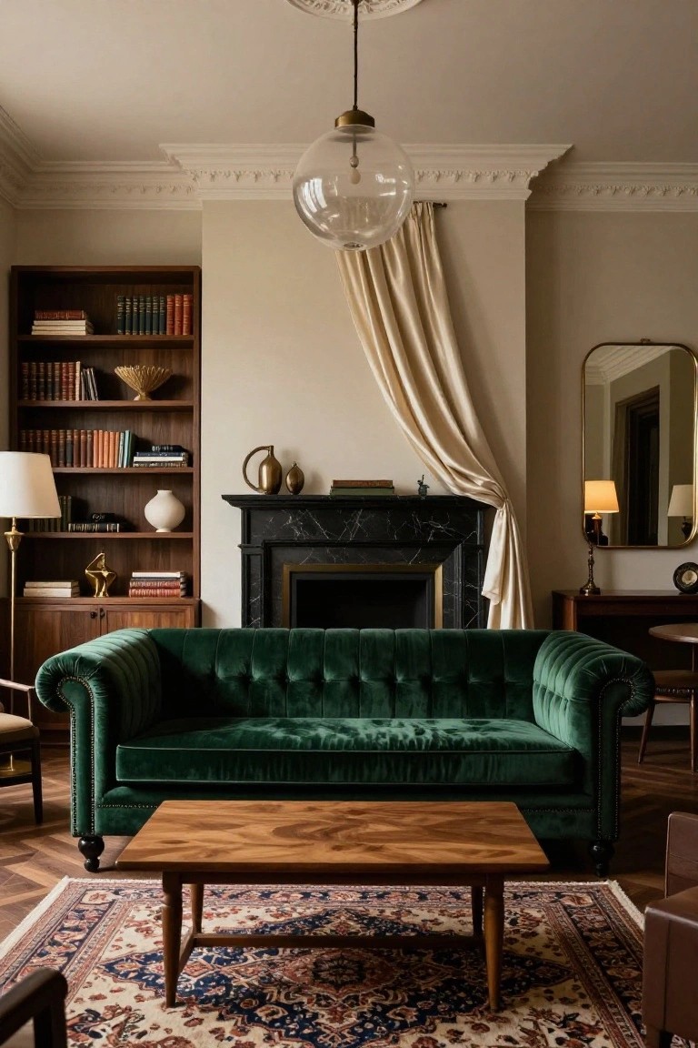 A living room interior with an emerald green velvet tufted Chesterfield sofa, wooden bookshelves filled with books, a black marble fireplace, brass lamps, and a wooden coffee table on a patterned rug.