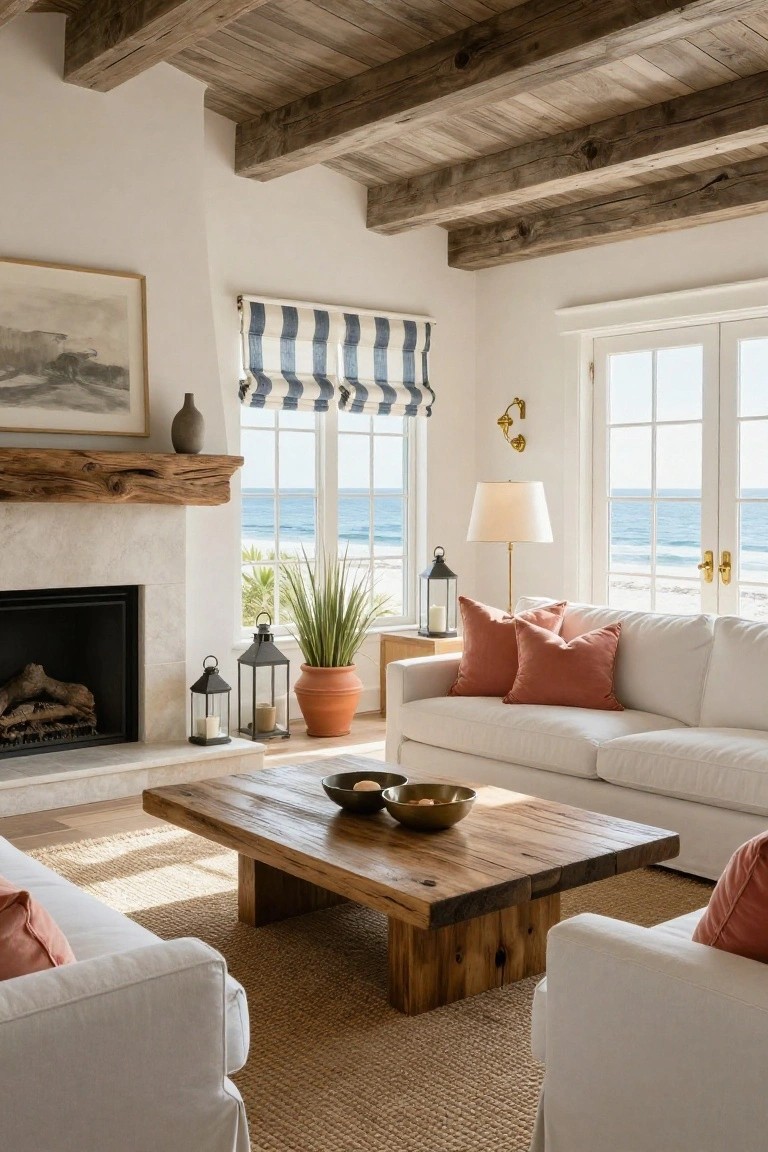 A bright living room with exposed dark wooden ceiling beams, white slipcovered sofas, rustic wooden coffee table and fireplace mantel, potted plants, and large windows overlooking the ocean and beach.