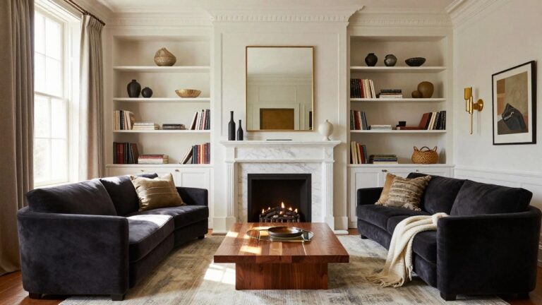 A living room with a white marble fireplace flanked by built-in white shelves displaying ceramics and books, lower cabinets, a dark gray velvet L-shaped sofa, low wooden coffee table with glass top, and beige rug on hardwood floor.
