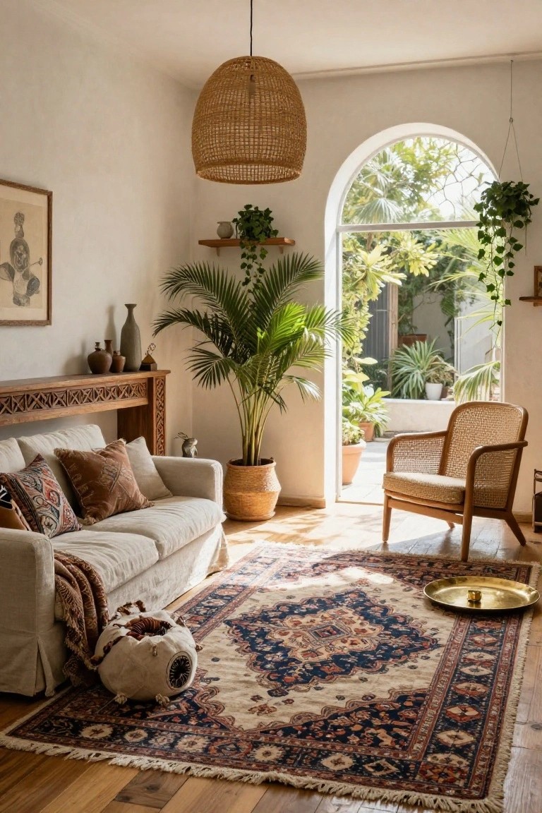 A light-filled living room with a cream slipcovered sofa piled with colorful pillows and throws, wooden console table holding ceramics and a small sculpture, tall potted palm plant, rattan armchair, woven pendant lamp, intricate navy and terracotta rug, and large arched doors open to a lush garden courtyard.