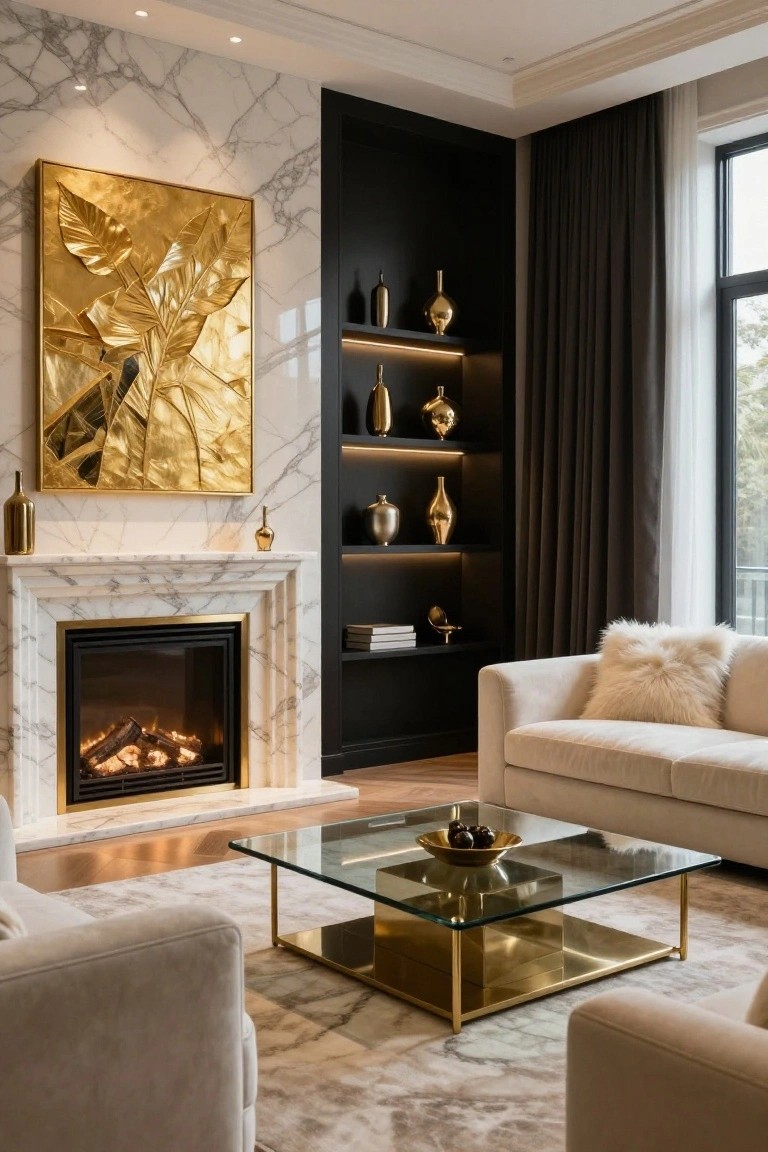 Luxury living room with white marble wall and fireplace accented in gold, large gold leaf wall art, built-in shelves holding gold vases, cream sofas with throw pillows, glass and brass coffee table, and a lit gas fire.