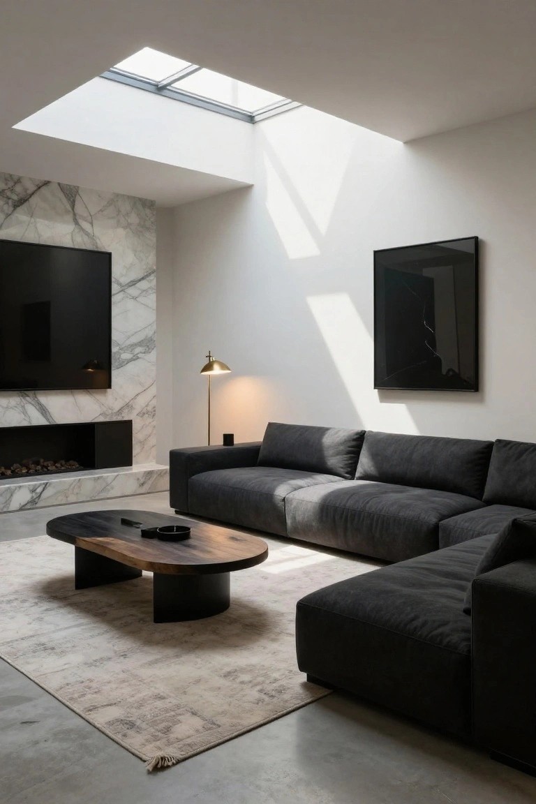 Modern living room with white marble wall behind black TV screen and linear gas fireplace, dark gray L-shaped sectional sofa, oval black-and-wood coffee table, brass arc lamp, abstract black framed artwork, and skylight overhead.