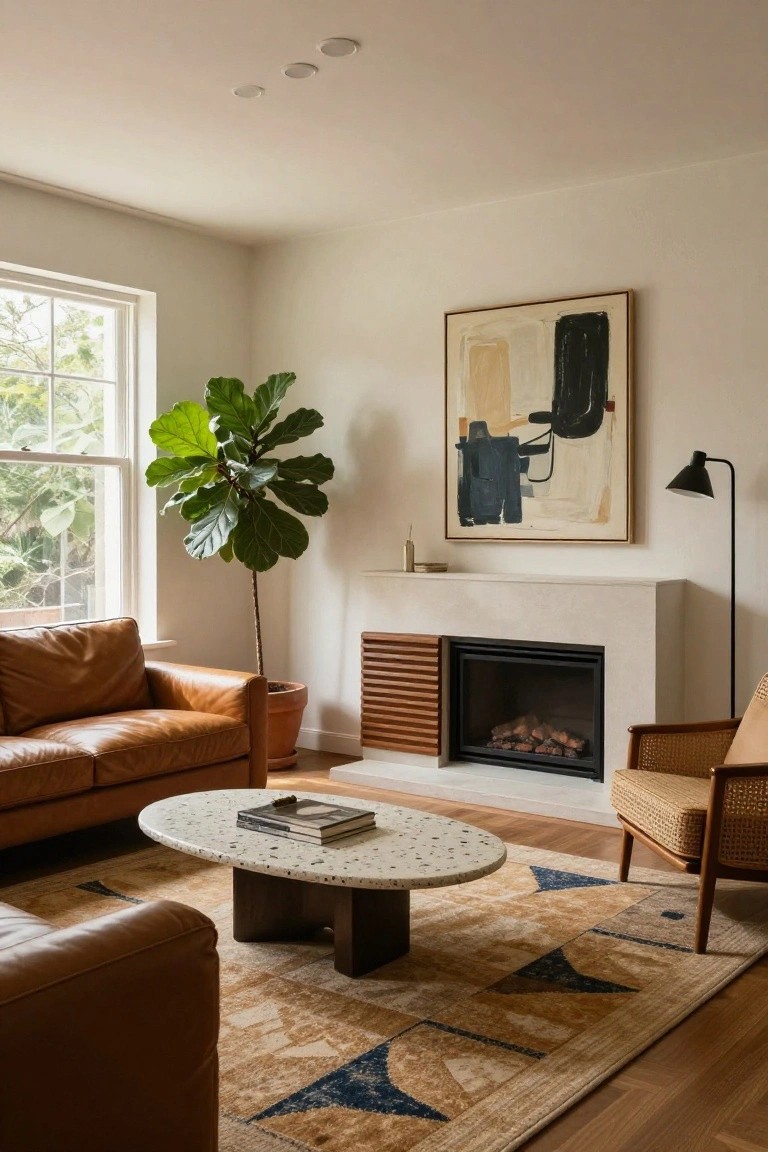 Modern living room interior with brown leather L-shaped sofa, round white stone coffee table, large potted fiddle leaf fig tree by the window, beige stone gas fireplace with slatted wood doors, abstract painting on wall, black floor lamp, rattan armchair, and patterned rug on wood floors.