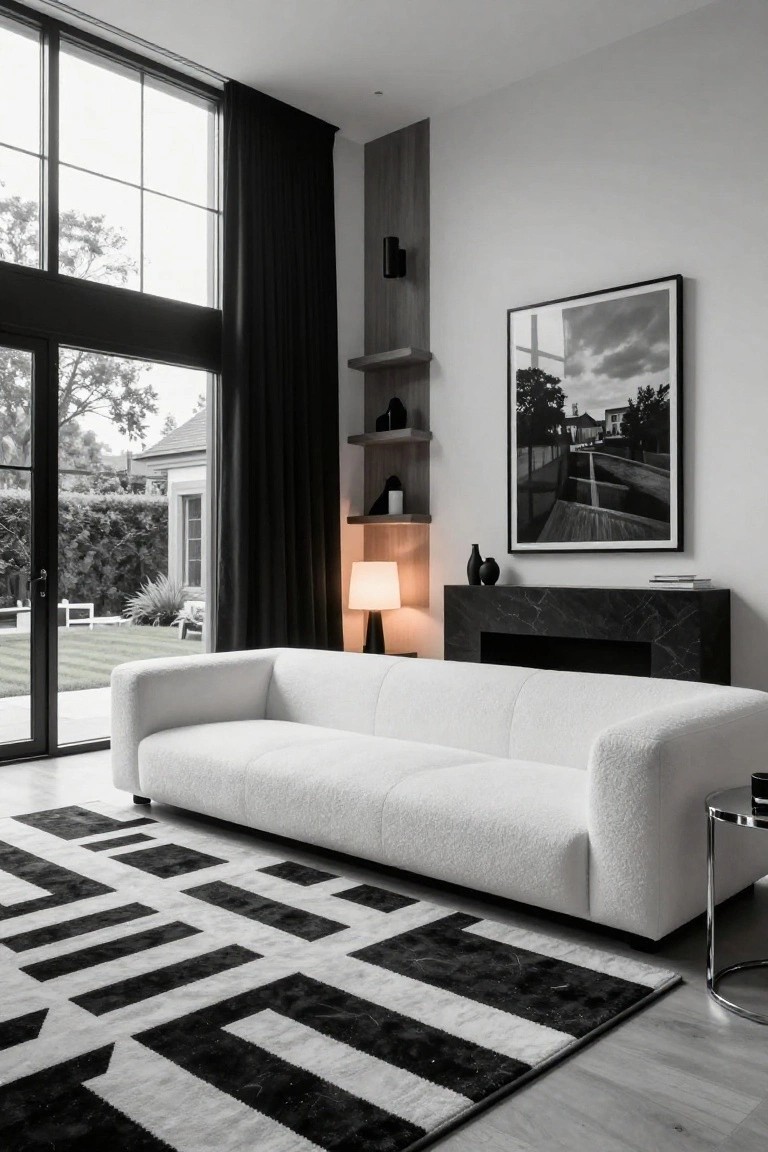 Black-and-white living room with large plush white sectional sofa, black marble fireplace, graphic black-and-white rug on light wood floors, shelves, lamp, and large windows showing garden view.