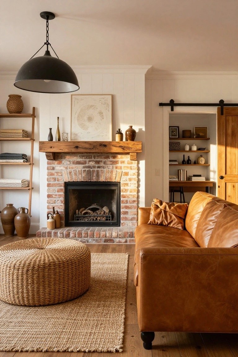Living room with exposed brick fireplace under wooden beam mantel, tan leather sofa, wicker pouf on jute rug, ladder shelf, and white shiplap walls.