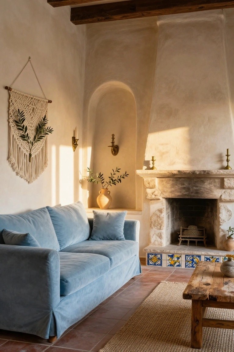 Living room with curved whitewashed walls, exposed wooden beams, large stone fireplace with blue tiles, blue sofa, macrame olive branch hanging, candles, potted plants, wooden table, and terracotta tile floor.