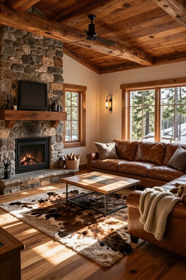 A living room interior with wooden beamed ceiling, stone fireplace, brown leather sectional sofa, cowhide rug on wood floors, and large windows showing pine trees and snow outside.