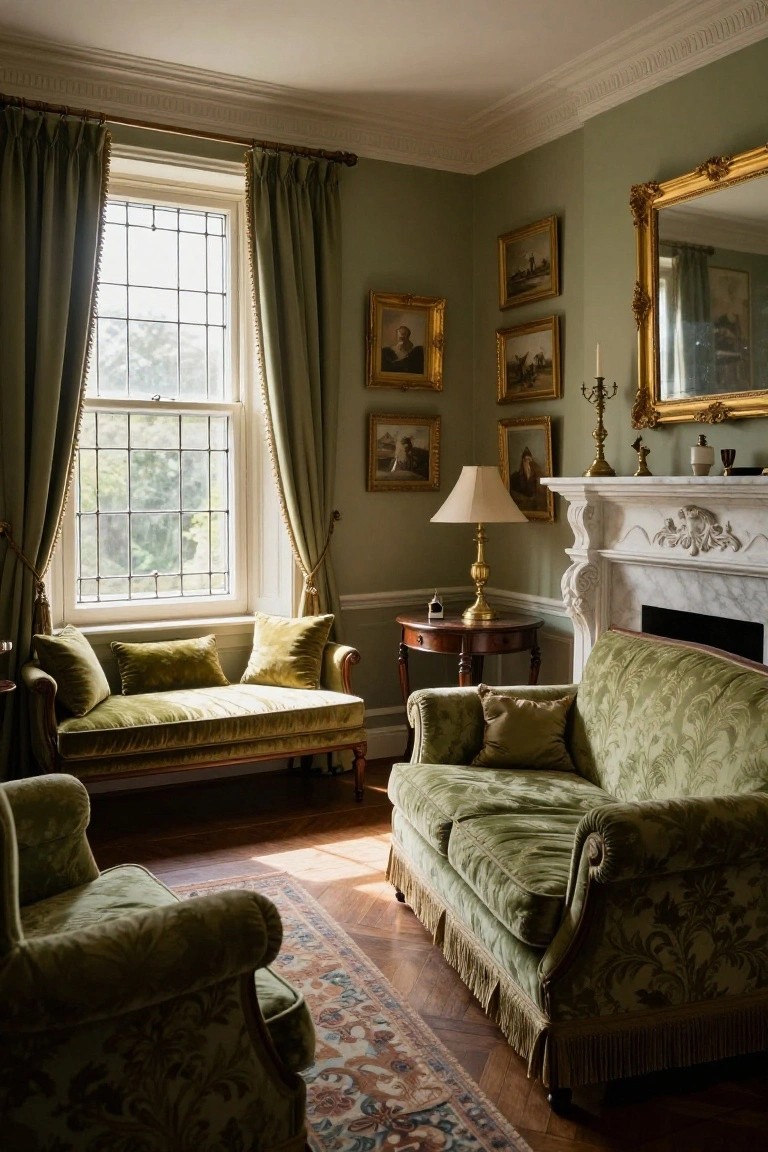 A sage green living room with green velvet sofas, chairs, and window seat, marble fireplace, gold mirror, paintings on walls, and large leaded window with green curtains.