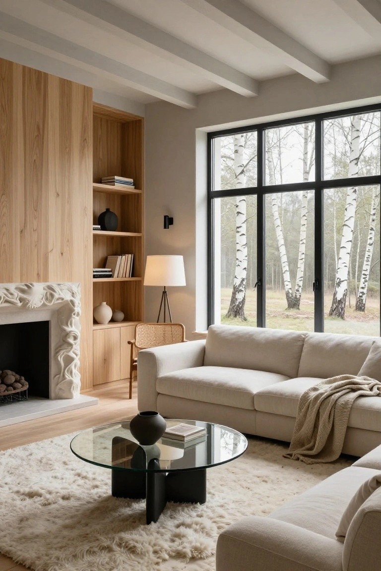 Light oak wood paneling on a living room wall with built-in shelves and cabinets beside a sculpted white stone fireplace, a beige sofa, glass coffee table on a white rug, rattan chair, lamp, and large black-framed windows showing birch trees outside.