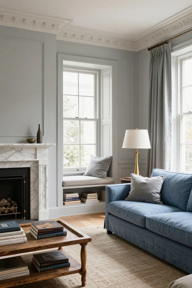 Light gray living room with paneled walls, marble fireplace, built-in window seat with gray cushions and bookshelves, blue sofa, brass lamp, wooden coffee table, and seagrass rug.