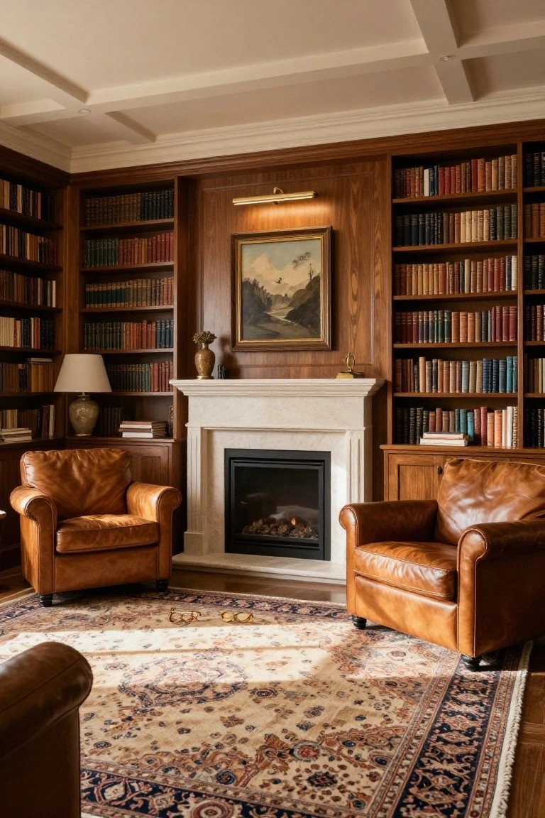 Wood-paneled library room with floor-to-ceiling bookshelves on three walls, marble fireplace with gas fire, two tan leather armchairs, table lamp, painting above mantel, and oriental rug.