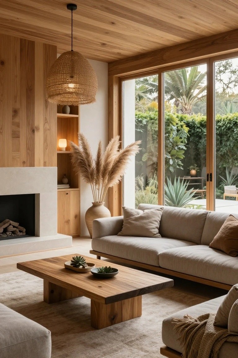 Light wood paneled living room with beige sofa, wooden coffee table holding potted succulents, tall pampas grass near fireplace, built-in shelves, and sliding glass doors to garden.