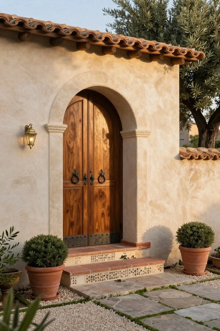 Beige stucco wall featuring a tall arched wooden double door entrance with brass lantern light, black iron hardware, terracotta steps with mosaic tiles, potted plants, and gravel path under olive trees.