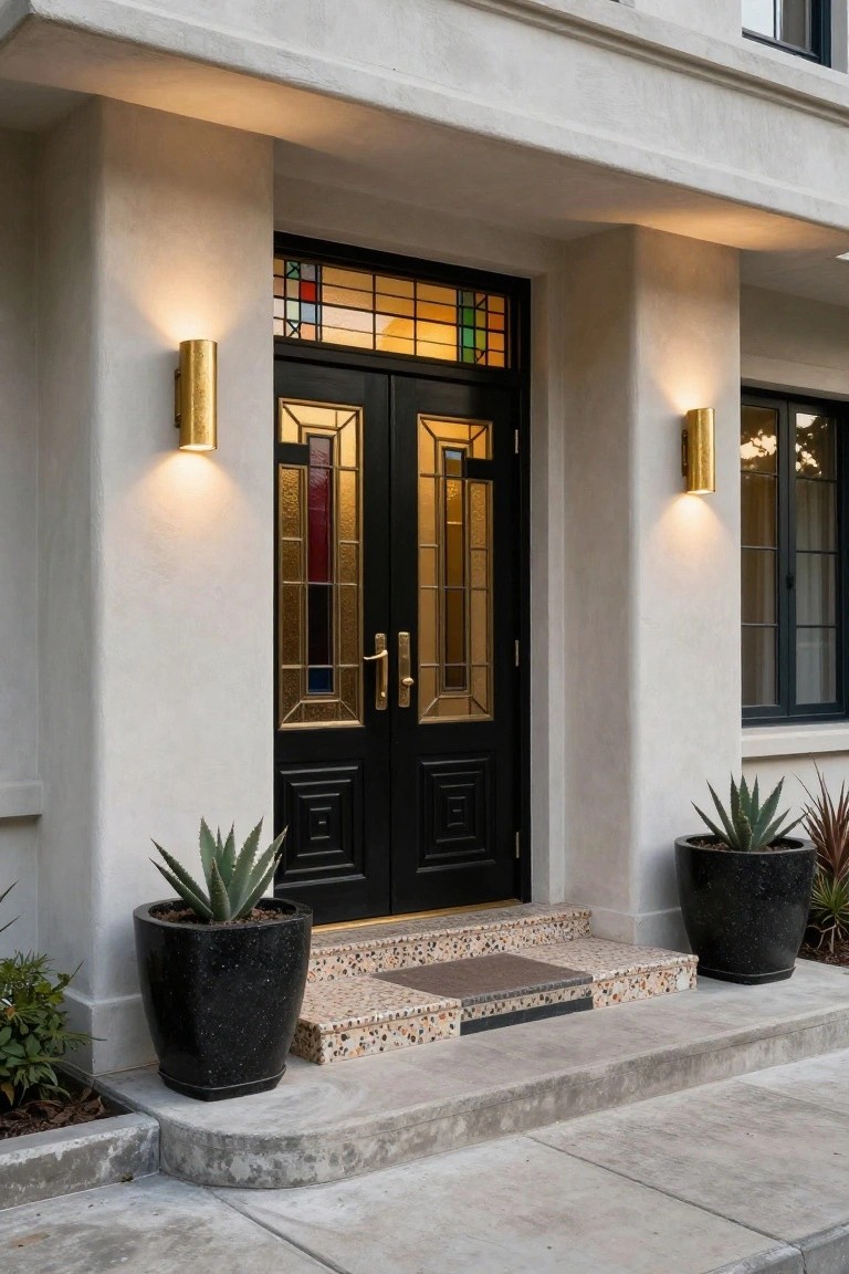 Front entrance of a stucco house featuring black double doors with multicolored geometric stained glass panels and gold frames, gold wall sconces on either side, potted agave plants, and concrete steps with terrazzo treads.