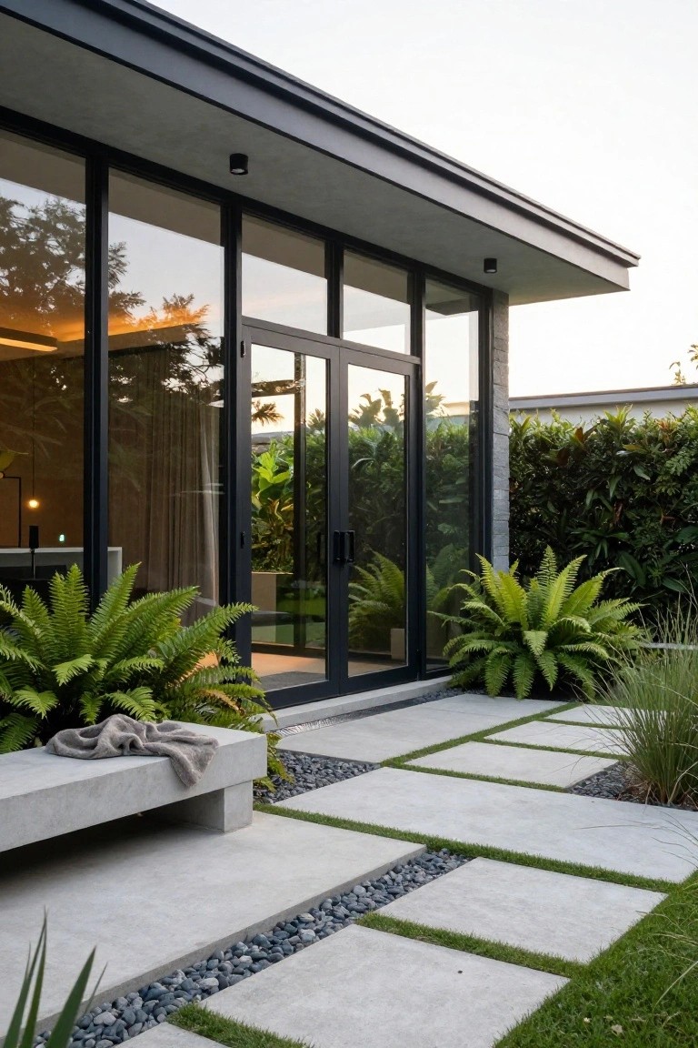 Modern house exterior with tall black metal-framed glass doors and windows beside a concrete paver terrace, ferns, gravel strips, and a built-in bench.