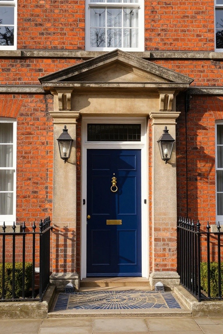 Brick Georgian-style house exterior with a dark blue front door featuring gold knocker, under a stone pediment flanked by black lanterns, black iron railing, and mosaic tiled doorstep.