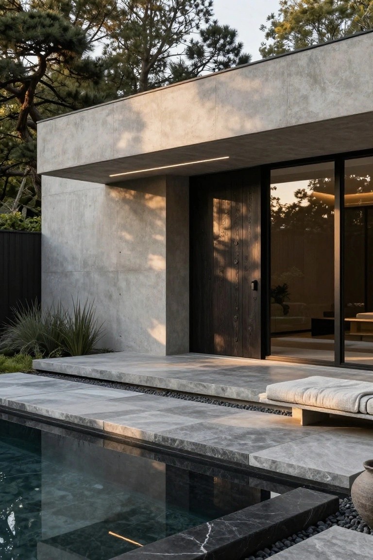 Modern villa exterior with textured concrete walls, a tall dark wooden pivot door, sliding glass panels, stone terrace, infinity-edge pool, pebble accents, grasses, and surrounding pine trees at dusk.