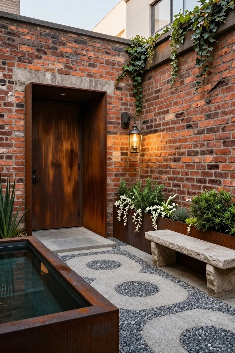 Outdoor courtyard featuring a dark wooden door in a brick wall framed by corten steel, adjacent to a rectangular corten steel water basin, pebble ground with circular white pebble patterns, metal planters with greenery, a stone bench, and ivy climbing the walls.