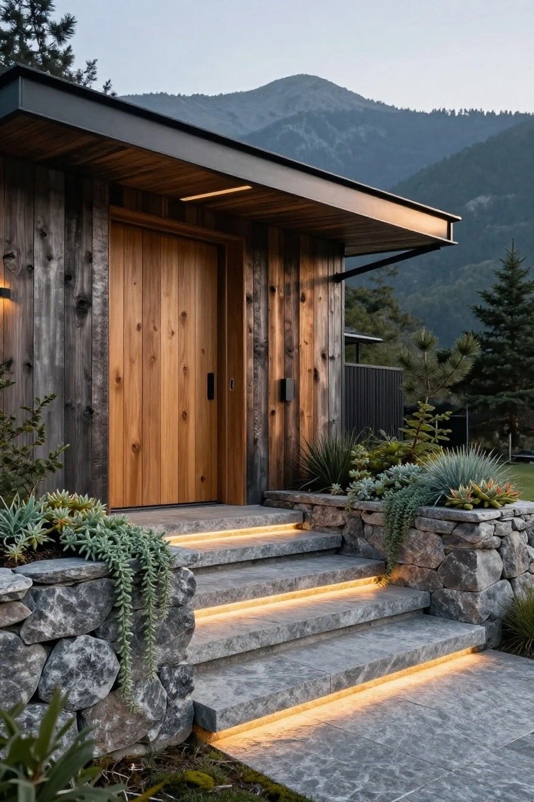 Wooden double door entrance on a house with charred wood siding and metal roof overhang, flanked by stone retaining walls planted with succulents and agave, leading to illuminated gray stone steps, surrounded by pines and mountains at dusk.