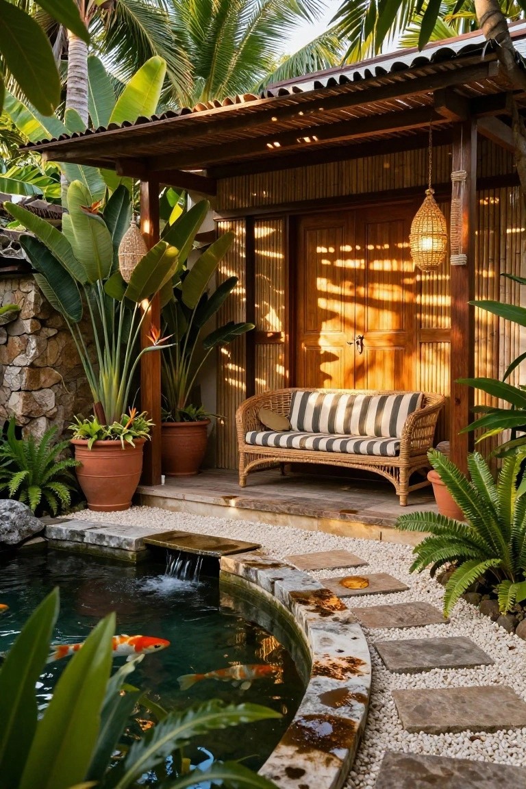 Bamboo-walled outdoor pavilion with wooden double doors, rattan bench with striped cushions on porch, large potted plants and palms, koi pond with waterfall and stone pebble path leading up to it.