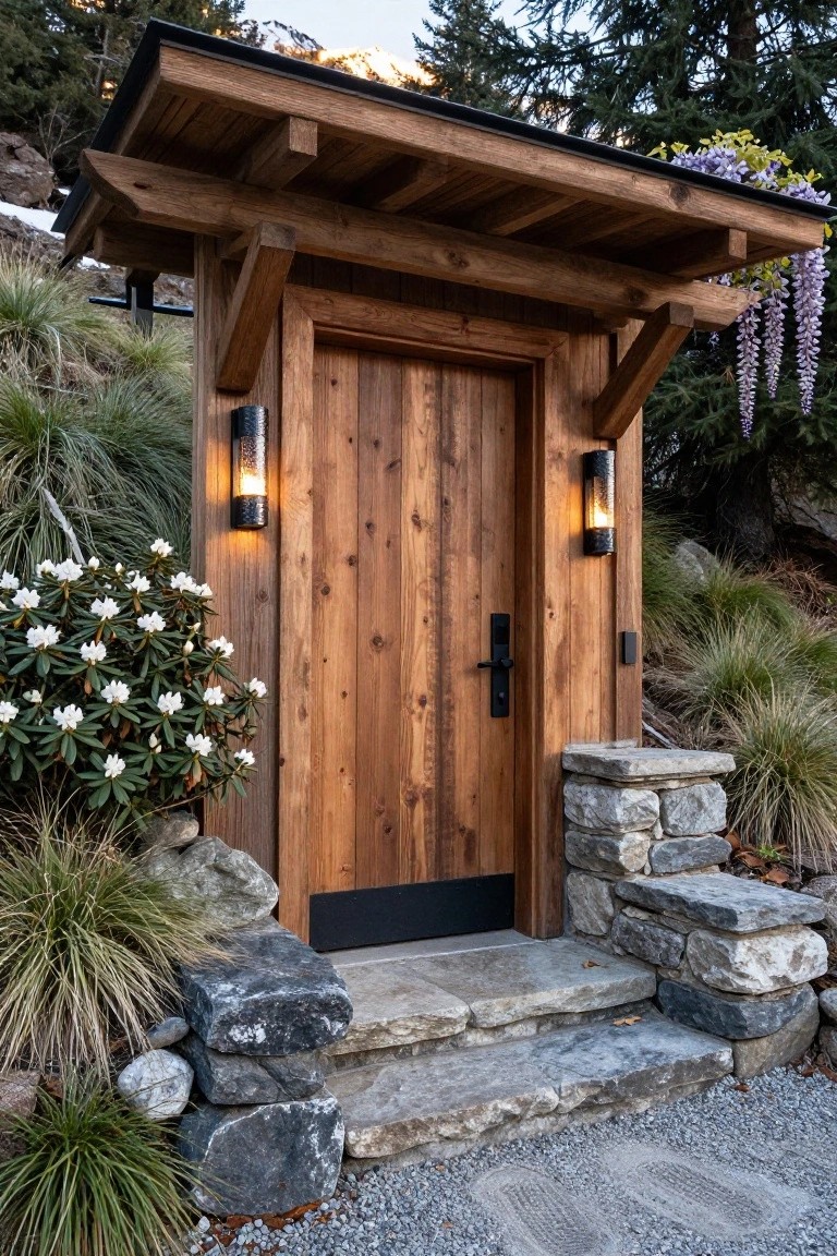 Wooden door with black handle under a pagoda-style timber roof supported by beams, flanked by black lanterns, stone steps, rocks, grasses, rhododendrons, and wisteria on a gravel path amid forested mountains.