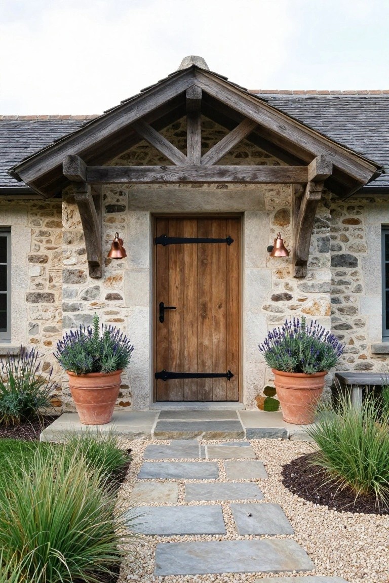 Stone house entrance with dark wooden door under exposed timber porch brackets, flanked by copper lanterns and large terracotta pots of lavender on either side, stone pathway leading through gravel and ornamental grasses.