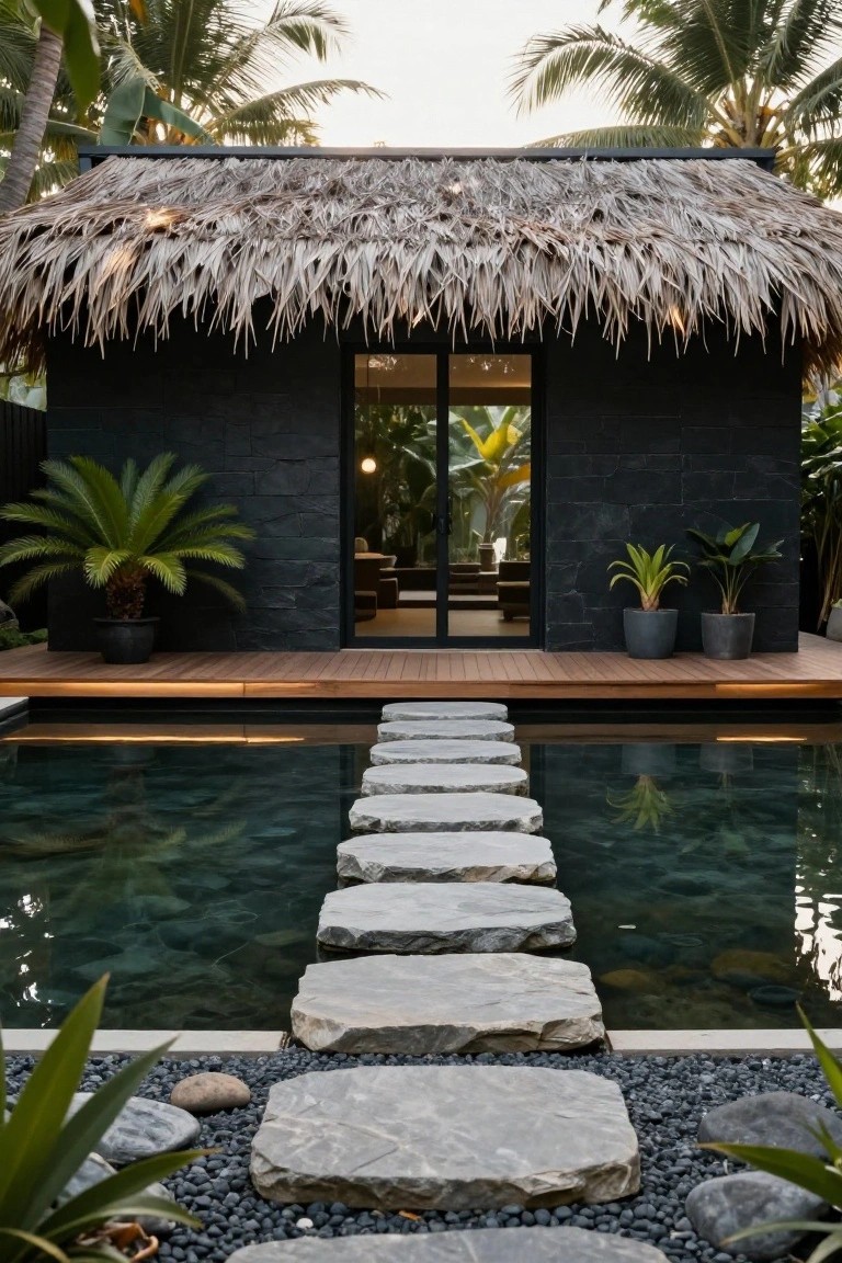 Black-walled pavilion with thatched roof and glass doors, reached by irregular gray stepping stones across a rectangular green-tinted pool, flanked by wooden deck, tropical plants, and black gravel.