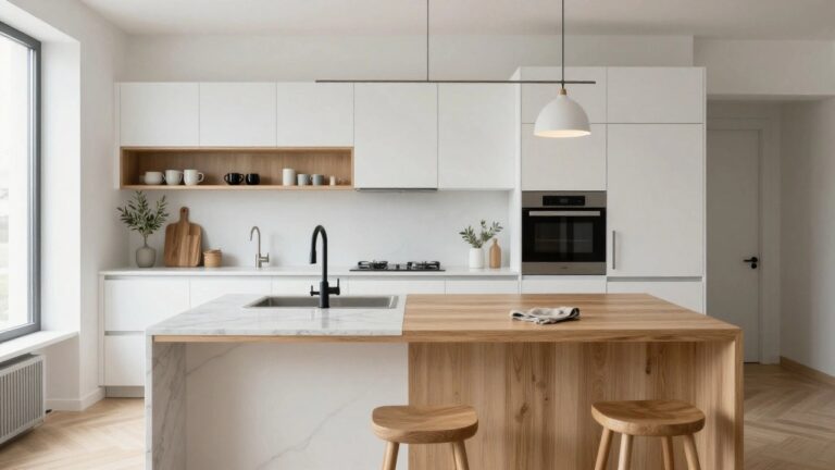 Modern white handleless kitchen with wooden island base, white marble countertop, black faucet, wooden stools, open shelves with ceramics, and herringbone oak flooring.