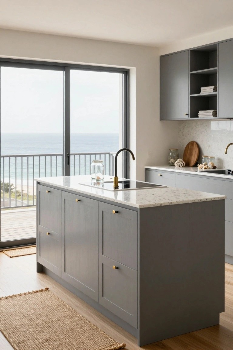 Modern kitchen interior with gray handleless cabinets, central island topped in white quartz, matte black faucet, brass drawer pulls, open shelving, and floor-to-ceiling sliding glass doors overlooking ocean and wooden balcony railing.