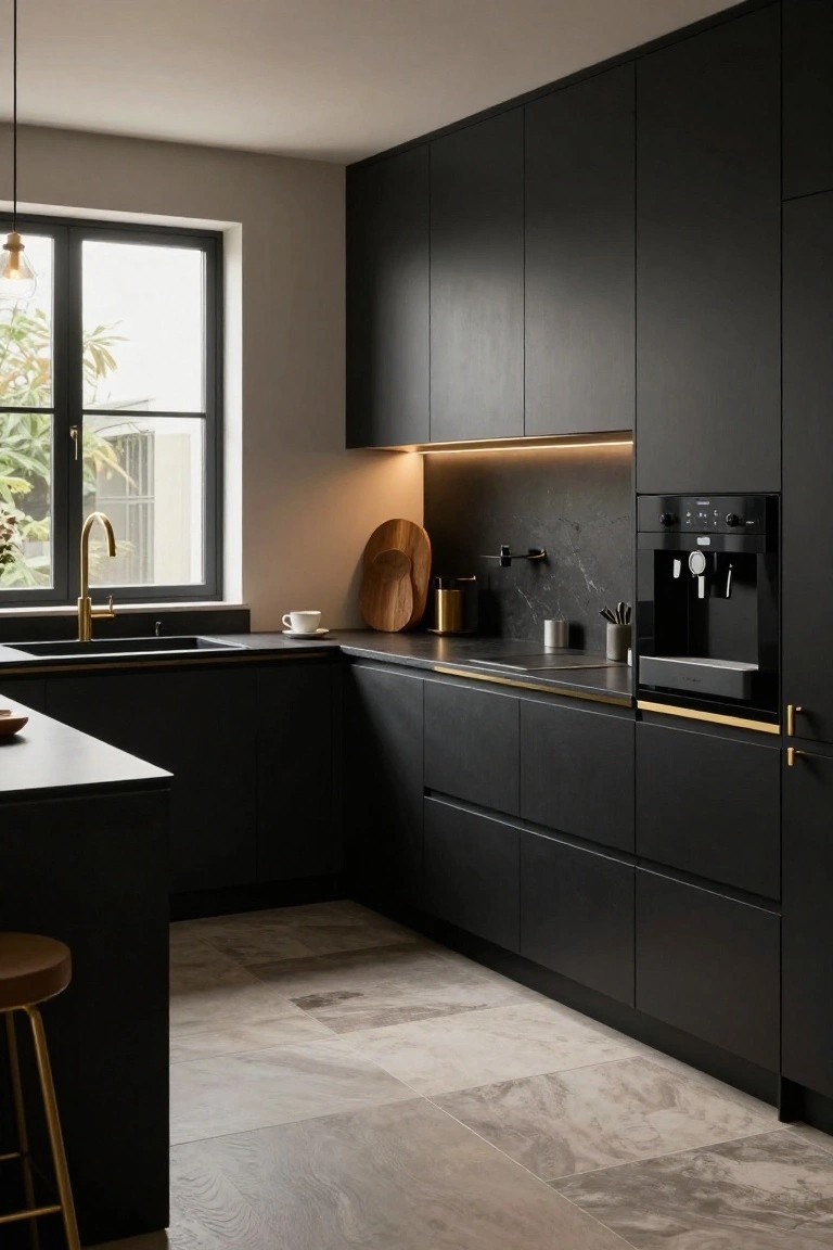 Modern kitchen with matte black handleless cabinets, black counters, gold faucet and handles, built-in coffee machine, wooden cutting board, and gold bar stool on light veined tile floor.