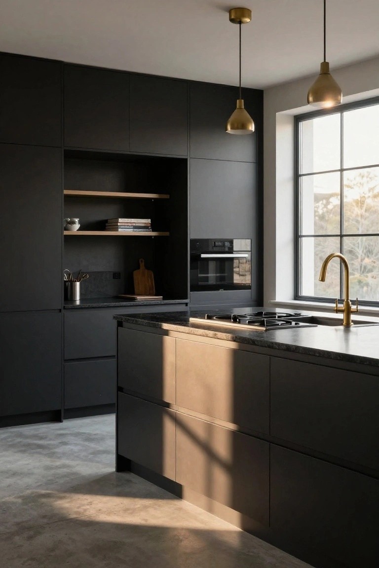 Modern kitchen with handleless matte black cabinets, brass pendant lights, gold faucet, gas cooktop, integrated oven, wood shelves, and large window with sunlight.