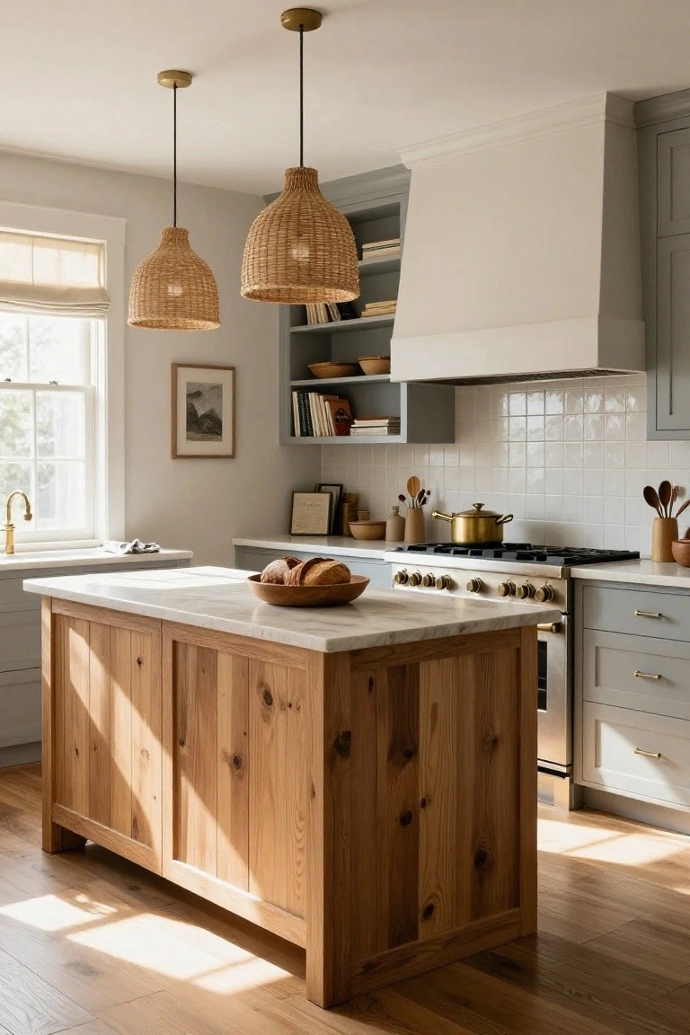 Kitchen with handleless pale gray cabinets, wooden island with white marble top, rattan pendant lights, white subway tile backsplash, brass faucet, and gas range.