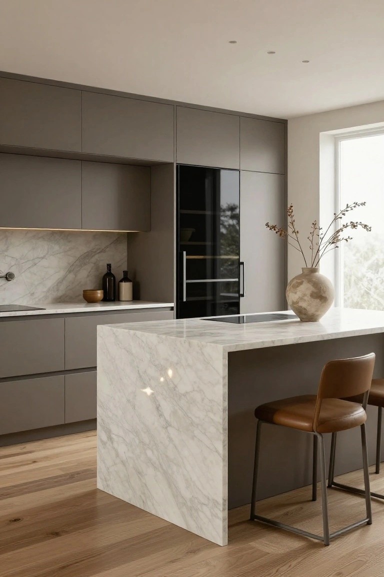 Modern kitchen interior with handleless matte gray cabinets, white marble island and backsplash, integrated black appliances, two tan leather bar stools, and wooden flooring.