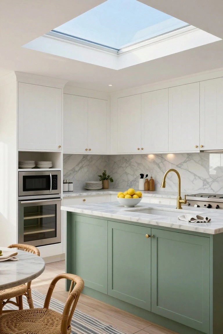 Kitchen with white shaker cabinets featuring brass knobs, sage green island cabinets with knobs, white marble counters and backsplash, gold gooseneck faucet, built-in oven and microwave, bowl of lemons on island, rattan chairs at round marble table, skylight ceiling, hardwood floor.