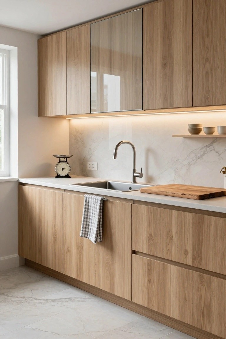 Modern kitchen with handleless light oak cabinets including glass-fronted uppers, white marble backsplash, stainless steel sink and faucet, wooden cutting board and scale on white quartz countertop, checkered dish towel on oven door handle.