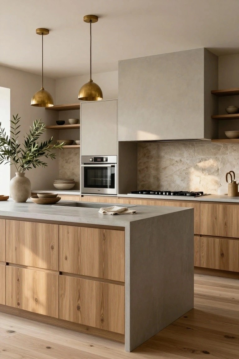 Modern kitchen interior with handleless oak wood cabinets, gray concrete island countertop and sink, stainless steel oven and cooktop, beige veined tile backsplash, brass pendant lights, and potted olive branch on the counter.