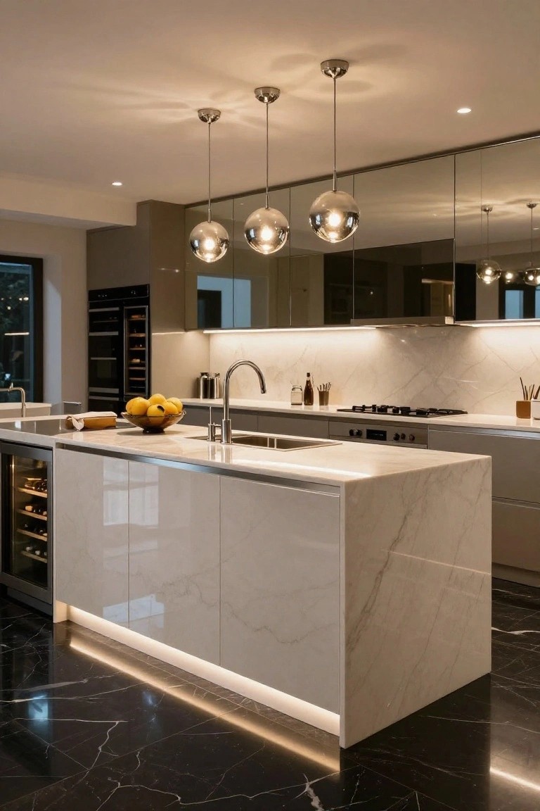Modern luxury kitchen with central white handleless island featuring veined white marble countertop, integrated wine fridge, pendant globe lights, black marble flooring, and mirrored wall cabinets.