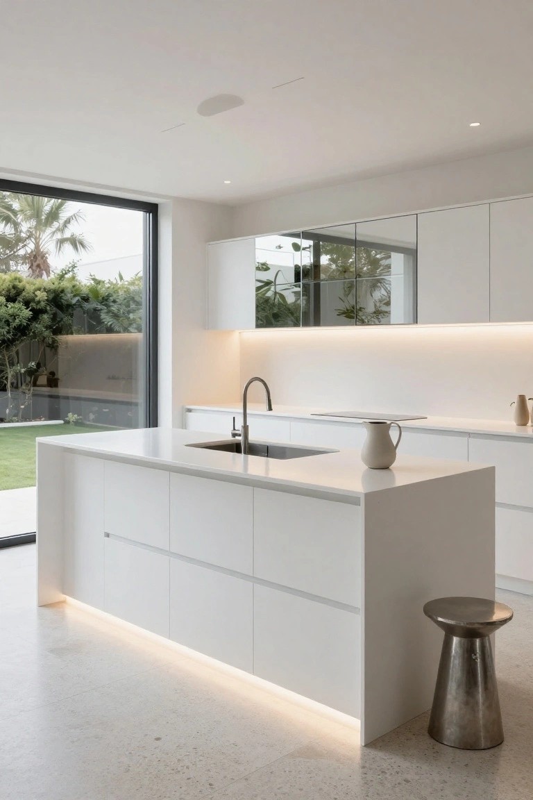 White handleless kitchen with large central island containing sink, flanked by white cabinets, under-cabinet lighting, large glass wall to garden, and a metal stool nearby.