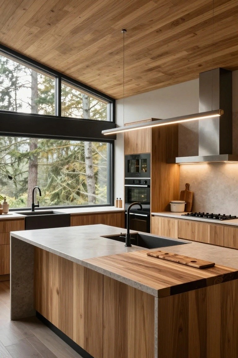 Modern kitchen interior with handleless wooden cabinets, large island featuring a sink and wood butcher block top, black appliances, stone counters, and large angled windows overlooking trees.