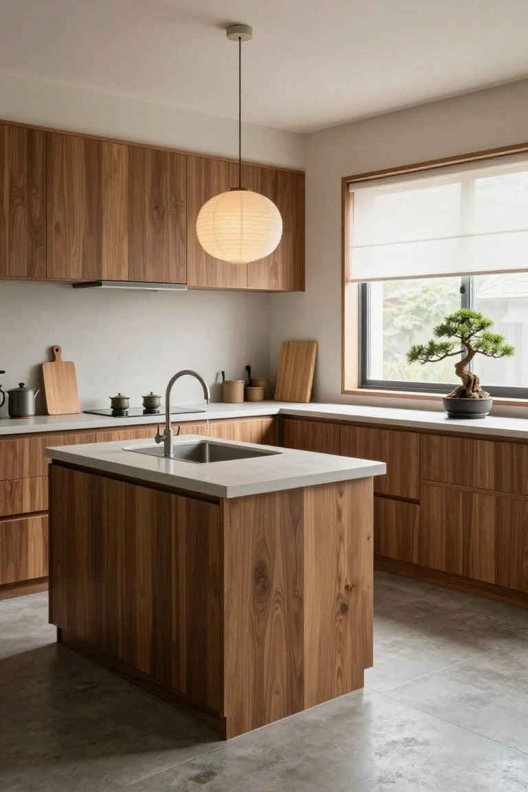 Modern kitchen interior with handleless vertical-grain wooden cabinets, white quartz countertops, central island sink, hanging paper lantern pendant, and bonsai tree on windowsill.