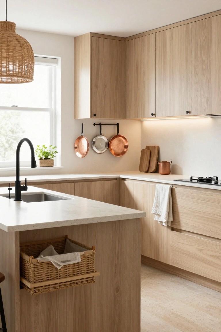 Modern kitchen with handleless light oak cabinets, white quartz countertops and island, black gooseneck faucet, hanging copper pans, wooden cutting boards, and rattan basket drawer on island.